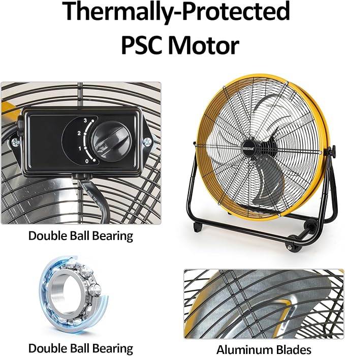 BEESTAR 24 Inch Industrial Drum Fan, High Velocity Heavy Duty Metal Floor Fan 8800CFM 3 Speed 360° Tilt 1/3HP Motor Floor Fan for Garage,Warehouse,Greenhouse,Shop,Workship,Basement (24 INCH)