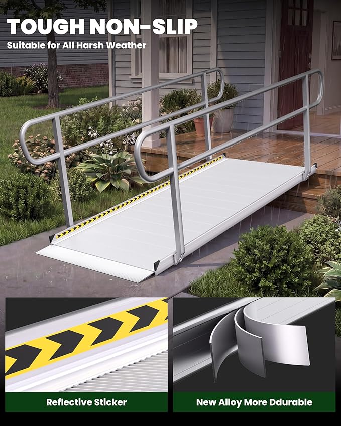 8FT Wheelchair Ramp with Handrails, 1600 lbs Capacity Heavy Duty Aluminum Ramps for Home Steps and Doorways, Fixed Threshold Solution for Wheelchairs Scooters Walkers, Easy Single-Person Use