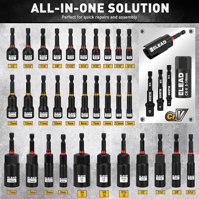58-Piece Magnetic Impact Nut Driver Set, Metric & SAE Mini Combination Wrench Set, Impact Socket Adapter, 3LBS Magnetic Pickup Tool, Wing Nut Driver, Universal Socket, 1/4'' Quick-change Bit Extension