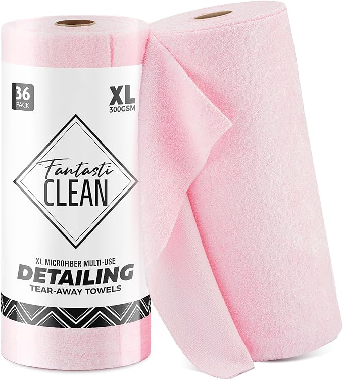Fantasticlean XL Tear-Away Microfiber Cleaning Cloth Roll, 16'' by 16''- 36 Sheets, Thick & Large Detailing Towels, Ultra Absorbent, Lint-Free Reusable Wipes for All-Around Cleaning (Glossy Pink)