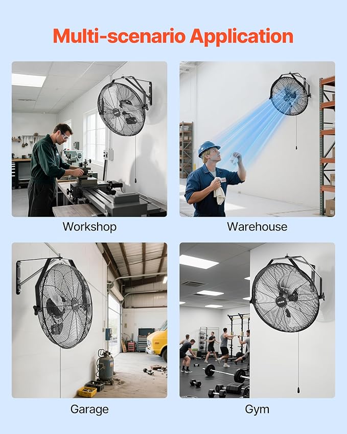 VEVOR 18 Inch Industrial Wall Mount Fan, High Velocity 4000 CFM with 3 Speeds, Powerful Motor Garage Wall Fan with Aluminum Blades for Workshop, Warehouse, Greenhouse, Commercial