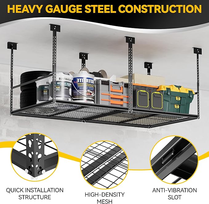 3x8 Ft Overhead Garage Storage Rack, 28-41 inch Height Adjustable Ceiling Mounted Organization Rack, 700 lbs Weight Capacity, 36"x96" Metal Rack for Garage Storage with Wire Decking