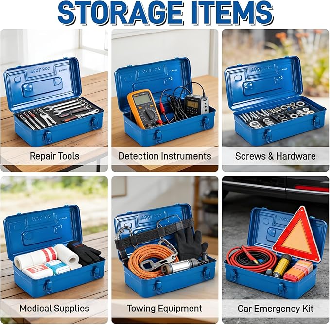 Portable Steel Tool Box, 16 Inch Metal Tool Organizer Box with Double Latch Closure and Handle, Heavy Duty Storage Toolbox Chest for Workshop, Garage, Warehouse, Household, Blue