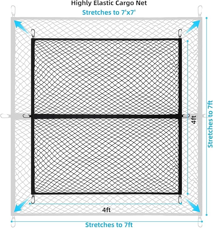 Highly Elastic Truck Bed Cargo Net, 4' x 4' Stretches to 7'x7', Black Polyester Mesh with Snap Hooks, 6 Clips