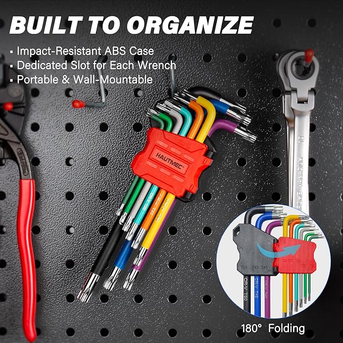 HAUTMEC 9PCS Torx Star Key Set, T10-T50 Star Allen Wrench with Visible Size Coding, CR-V Steel, Drilled Tips & Non-Slip Colorful Handles for Automotive, Bike, Furniture Repair