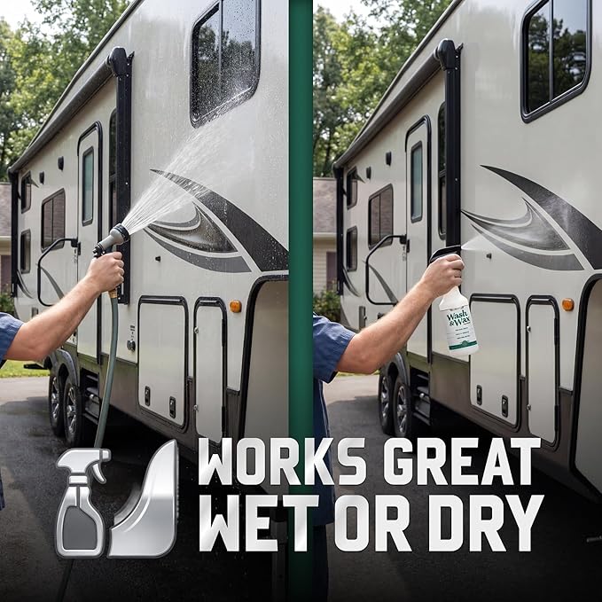 Wash & Wax RV Cleaner, 2-in-1 Exterior RV Wash Soap, Waterless or Traditional Wash, Removes Road Film, Dirt & Bugs, Adds Protective Shine, Safe for Fiberglass and Painted Surfaces, 20 Fl Oz