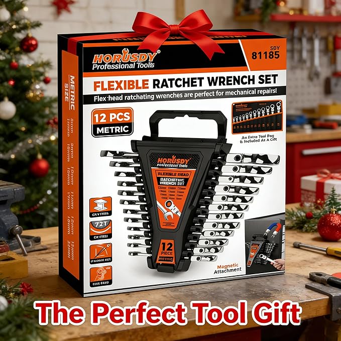 HORUSDY 12-Piece Metric Flex-Head Ratcheting Wrench Set 8-22mm, CR-V Ratchet Combination Wrenches with 72T 180° Flex Head, Magnetic Holder & Tool Bag for Auto, Motorcycle, Home & Repair