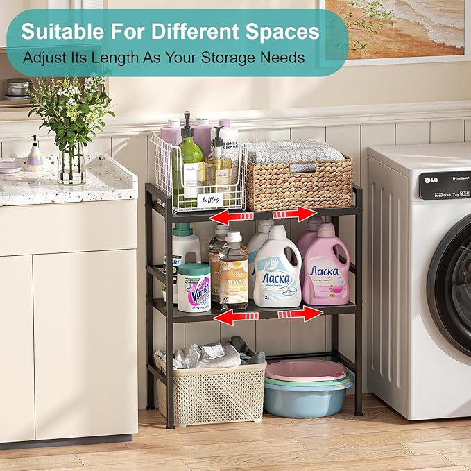 Expandable Metal Storage Shelves, 300 LBS Heavy Duty Metal Shelving Unit Rack For Pots And Pans Appliances Heavy Items, Adjustable 2 Tier Storage Shelf Rack Organizer For Kitchen Pantry Garage Laundry