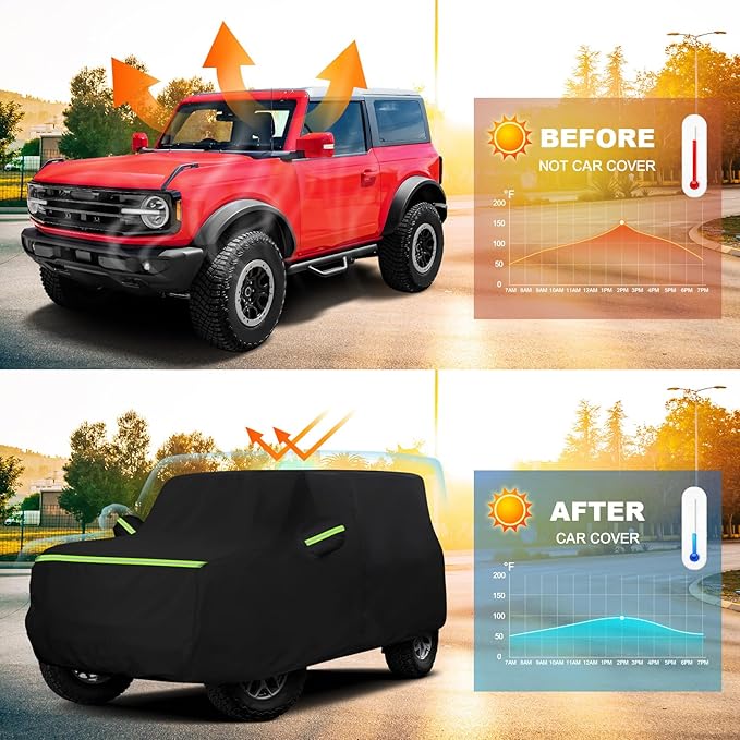 QUNSUNUS Car Cover for Bronco 2 Door/Sport 2021-2025, Waterproof Bronco Car Covers with Cotton Lining, All Weather Cover with Straps and Zipper for Wind, Sun and Dust Protection