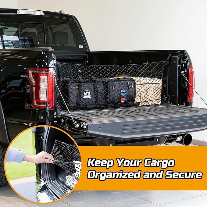 Truck Bed Cargo Net, 49" x 18" (Stretches to 59" x 18'') Envelope Style Organizer, Fits Ford F150, Chevy Silverado, RAM 1500, GMC Sierra, Heavy Duty Mesh with 4 Metal Carabiners for Groceries & Gear