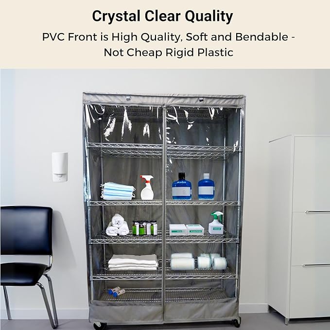 Formosa Covers Premium Clear Front Wire Shelf Cover Grey - Heavy-Duty Storage Solution Wire Rack Cover (60”Wx24”Dx75”H) - Waterproof PVC, Water/Dust Resistant Fabric, Multi Zipper (No Shelf)