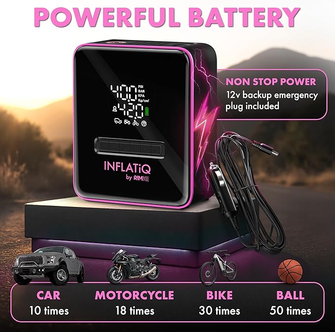 INFLATiQ by RIMiQ Tire Inflator Pink - Powerful, Award-Winning QWIKFLOW Technology with 2 Portable Power Options Included - Strong Vehicle Air Pump for Trucks, Cars, Motorcycles, Bicycles, Balls