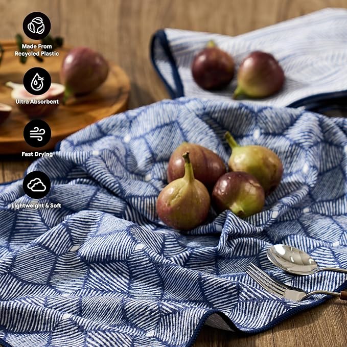 RECYCO Waffle Kitchen Towel Set of 2 - Quick Dry Microfiber Sustainable Dish Towels - Ultra Absorbent Reusable Cleaning Tea Towels - Lightweight Hand Towels,16”x 28”, Indigo Harmony