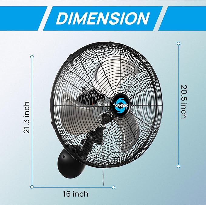 Tornado 20 Inch Pro Series High Velocity Wall Mount Fan, Oscillating Industrial, Commercial & Residential Fan, 3-Speed, 5250 CFM, 1550 RPM, 1/6 HP, 6.6 FT Cord, UL Listed