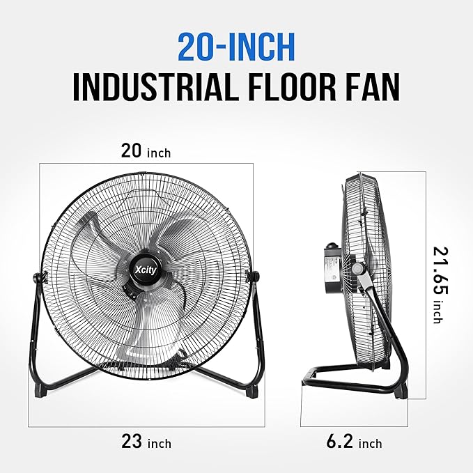 Xcity 20-Inch Metal Floor Fan, High Velocity 4650 CFM Industrial Fan, 3-Speed & 360° Adjustable Tilt, Heavy Duty for Garage, Warehouse, Office & Home