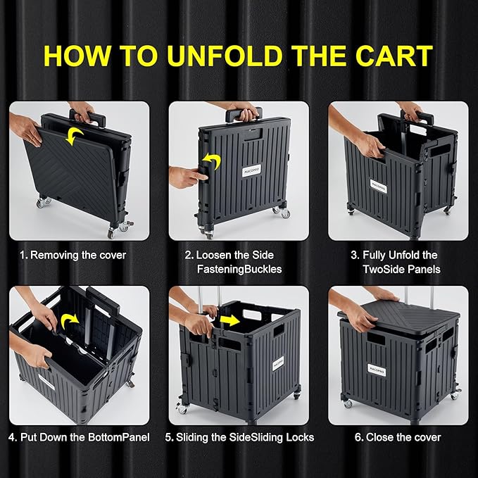 MACOPRO Folding Utility Cart Portable Rolling Crate Handcart Shopping Trolley Collapsible Tool Box, with Lid, Basket on 4 Rotate Wheels, for Grocery, Office, Luggage, Teacher (Black)