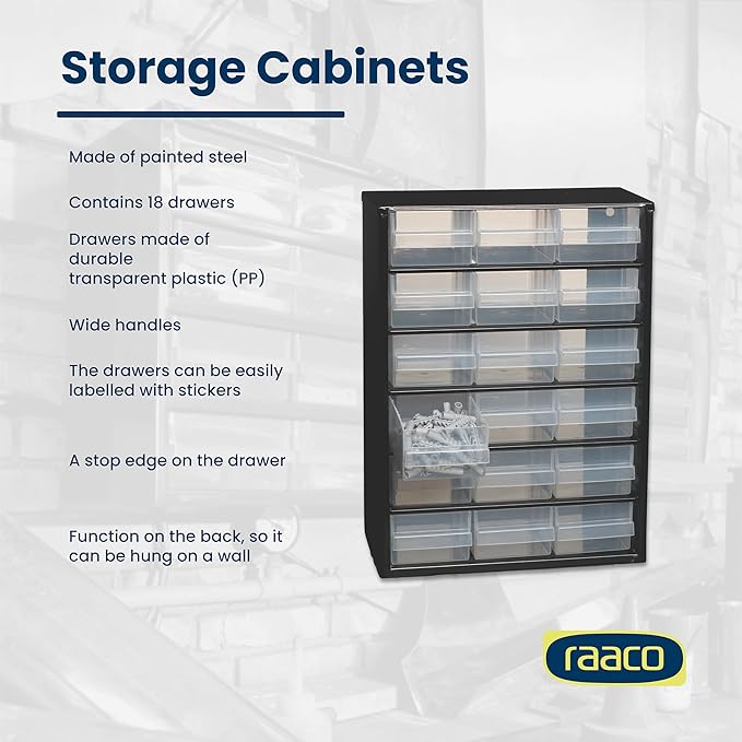 Raaco Steel Storage Cabinet, Standard 18-Drawer, Clear Polypropylene Plastic Drawer – Small Parts Organizer, Screws, Nuts & Bolts, Crafts & Hardware – Tool Cabinet for Workbench & Wall Storage (C9-18)