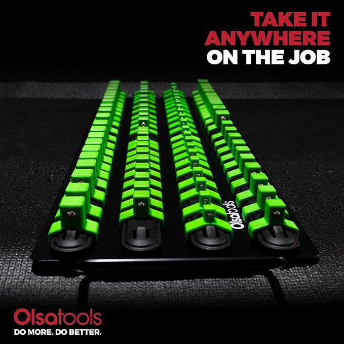 Olsa Tools Portable Socket Organizer Tray - Black Rails with Green Clips - Holds 80 Sockets - Professional Quality Socket Holder - Part 1024