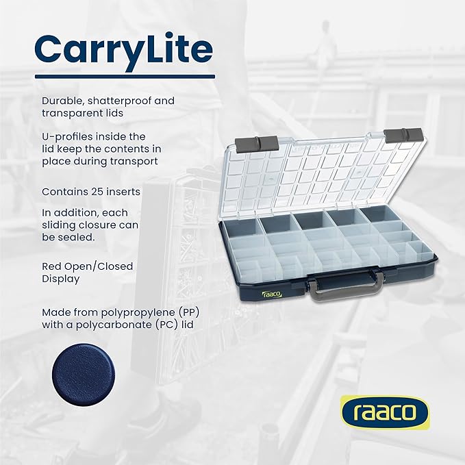 Raaco CarryLite Slim Small Parts Organizer Box – 2.3 Inch Height – 25 Inserts – Anti-Mix U-Profile Lid for Screws, Bolts & Nuts – Secure Sliding Lock – Portable Hardware & Tool Storage (CarryLite 55)