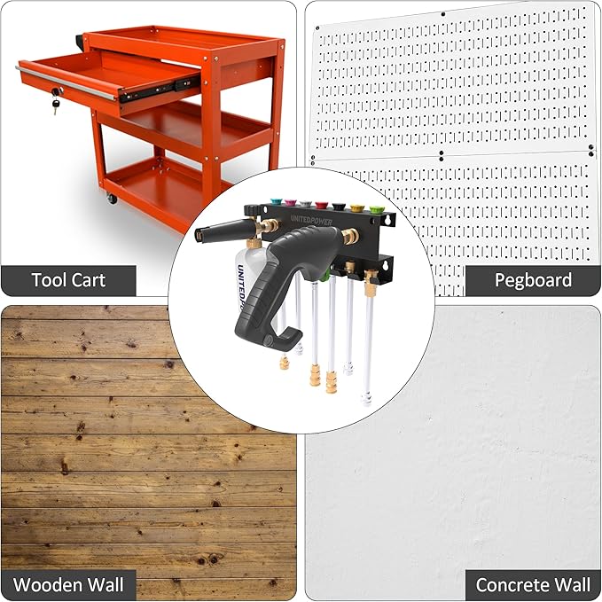 UNITEDPOWER Pressure Washer Gun Holder，Wall Mount Foam Cannon Holder，Tool Storage Rack for Pressure Washer Wand/Nozzle Tips, Car Wash Accessories Organizer, Black