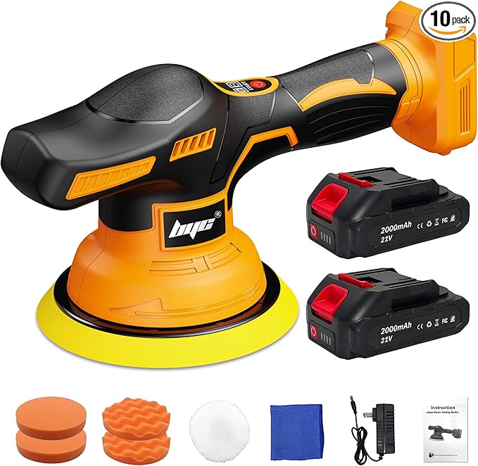 Cordless Car Buffer Polisher kit - 2Pcs 2000mAh 21V Battery, 6 Inch Portable Orbital Buffer Polisher Kit, 8 Variable Speed Car Polisher for Car Detailing/Polishing/Waxing