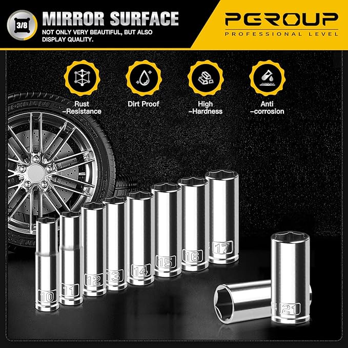 10PCS 3/8” Drive Deep Socket Set, Metric(10mm-21mm), 6-Point, Cr-V Steel, Chrome Plated Socket With Hanging Bracket, Cover Most Commonly Sizes