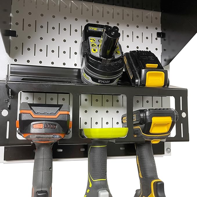 Wall Control Power Tool Storage Organizer Kit Cordless Drill Holder Charging Station Rack 16” x 32” Metal Pegboard Organization System (Beige Pegboard)