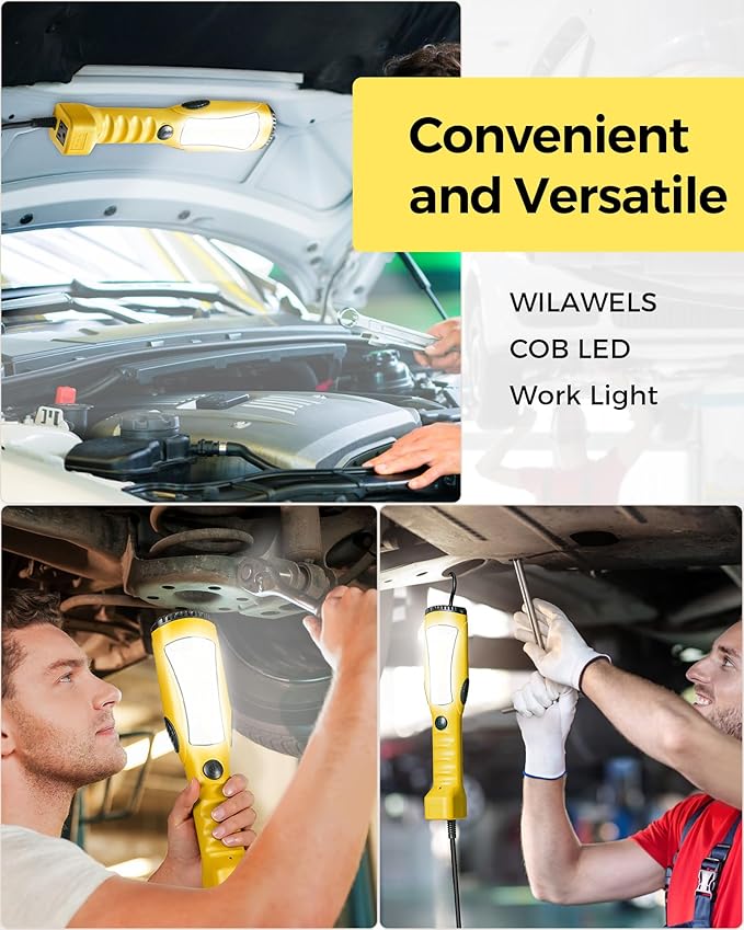18W LED Work Light, 15FT 2000LM COB LED Light, Handheld Underhood Trouble Light with Cord 16 Gauge SJTW, Swivel Hook, for Garage, Workshop, Car Repair Scene, ETL Listed, Yellow Y03WL06