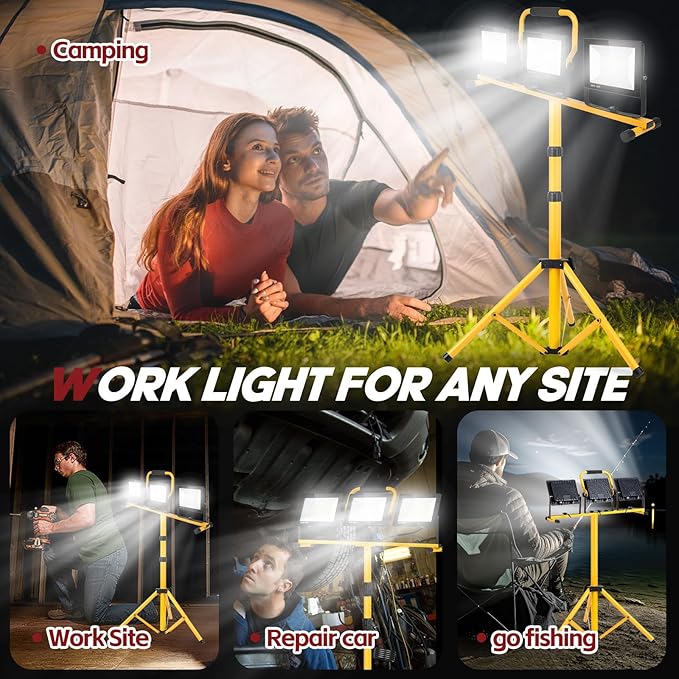 22000 Lumen Work Lights with Stand, 3 Adjustable Head LED Work Light, with Adjustable and Foldable Tripod Stand, Waterproof Lamp with Individual Switch with 6500 Kelvin Color （3head Yellow）