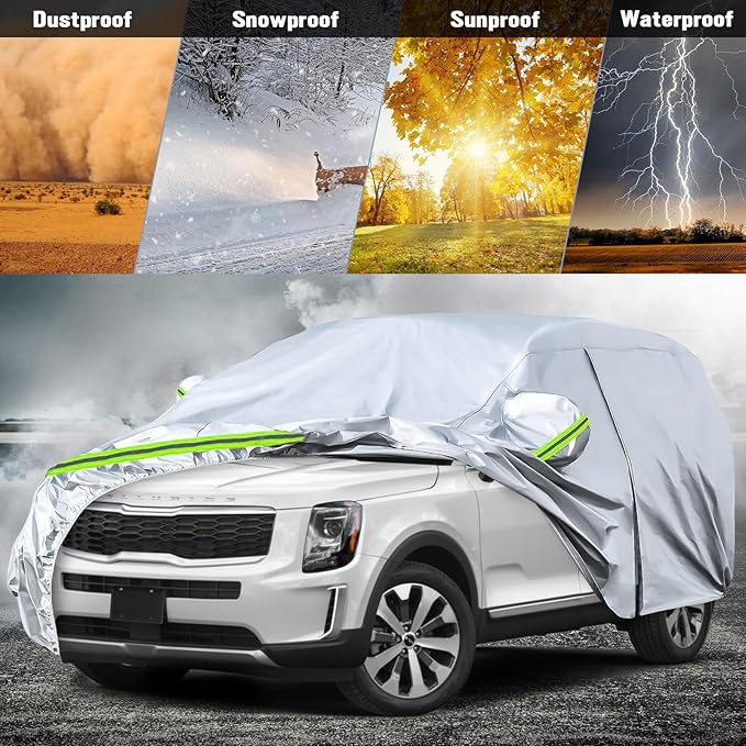 Waterproof Car Covers Replace for 2020-2024 Kia Telluride, 6 Layers Silver All Weather Car Cover with Zipper Door & Windproof Bands for Snow Rain Dust Protection