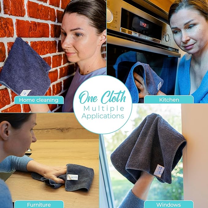 Microfiber Cleaning Cloth - Pack of 12 (12.5"x12.5") Gray Color, Non-Abrasive, Ultra-Absorbent, Lint-Free Towels for Cars, Reusable Cleaning Rags