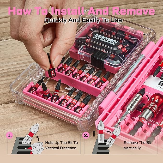 Geinxurn 56Pieces Impact Screwdriver Bits Set, Magnetic S2 Steel Phillips/Slotted/Square/Torx Insert Power Bits Tips, Impact Bit Holder with Pink Storage Box Case