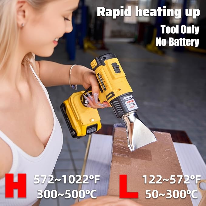 Cordless Heat Gun 20v Max for DeWALT Battery,Cordless Hot Air Gun with LCD Digital Display,2-Temp Setting Max 1022°F,for Shrink Wrapping, Tube Bending(Tool Only, NO Battery)