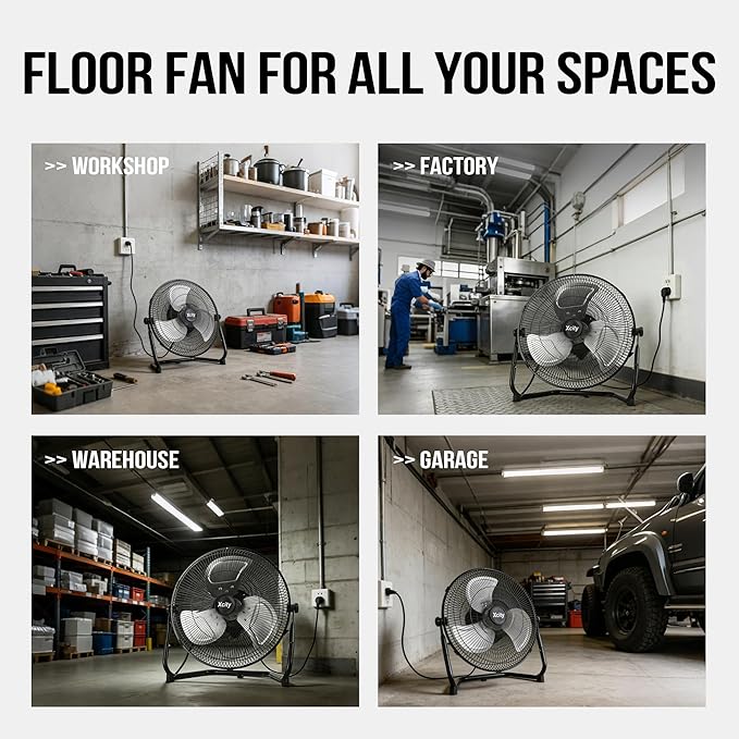Xcity 20-Inch Metal Floor Fan, High Velocity 4650 CFM Industrial Fan, 3-Speed & 360° Adjustable Tilt, Heavy Duty for Garage, Warehouse, Office & Home