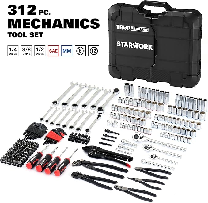 STARWORK TRUE MECHANIC 312-Piece Mechanics Tool Set and Socket Set, Professional, SAE/Metric, Mirror-Finish Sockets & Ratchet Wrenches