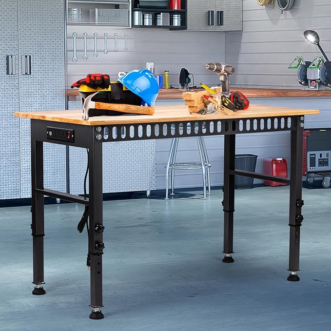 48" Height Adjustable Workbench, 2000 LBS Load Capacity Rubber Wood Top Workstation with Power Outlet and Foot Pads, Heavy-Duty Hardwood Worktable for Garage Workshop (with Foot Pads and Socket,48'')