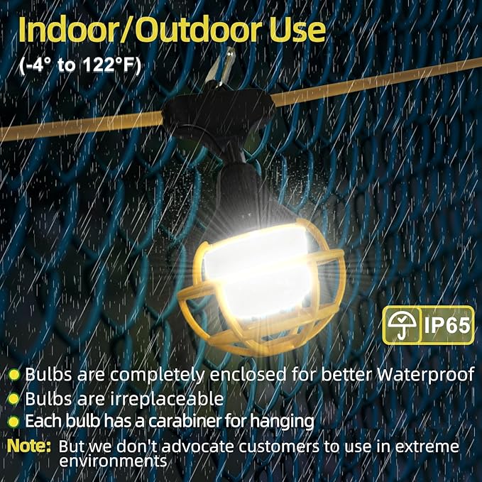 Owleye 50FT Construction String Lights, 85W 8000ML Led String Work Light, Temporary Utility Rope Lighting, 120V, 6 Bulbs, 1 Pack for Crawl Space, Basement