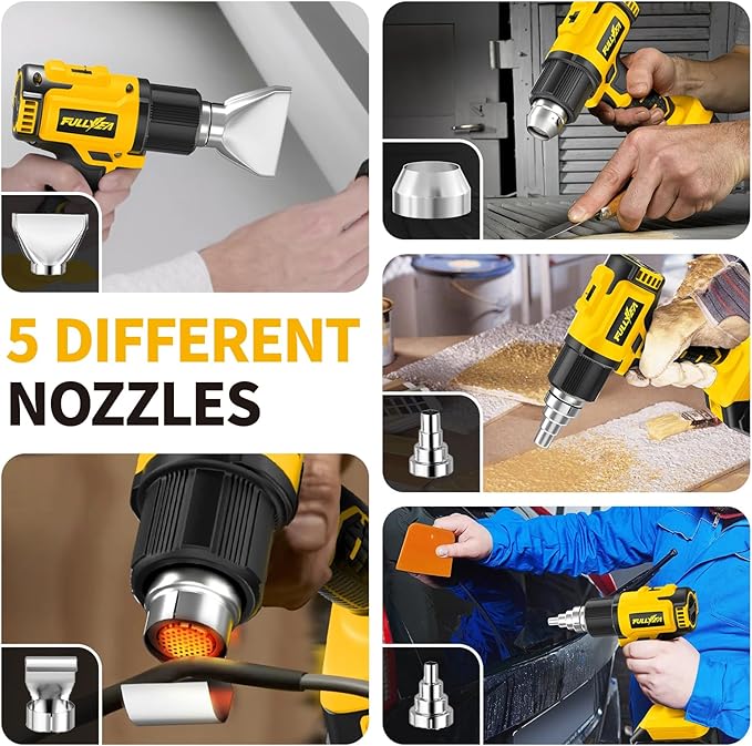 FULLYEA Heat Gun Cordless, 550℃ Fast Heating Gun, 2-Temperature Setting, Portable Hot Air Guns with 2 * 4.0Ah Batteries & 5 Nozzles, Handheld Small Heat Gun Kit for Shrink Tubing, Crafting (Yellow)