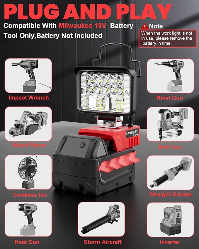 LIVOWALNY LED Work Light Compatible with Milwaukee Battery, 38W 3000 LM Portable Flood Light with Low Voltage Protection, USB & Type-C Output Port for Construction, Camping, Emergency, Bare Tool Only