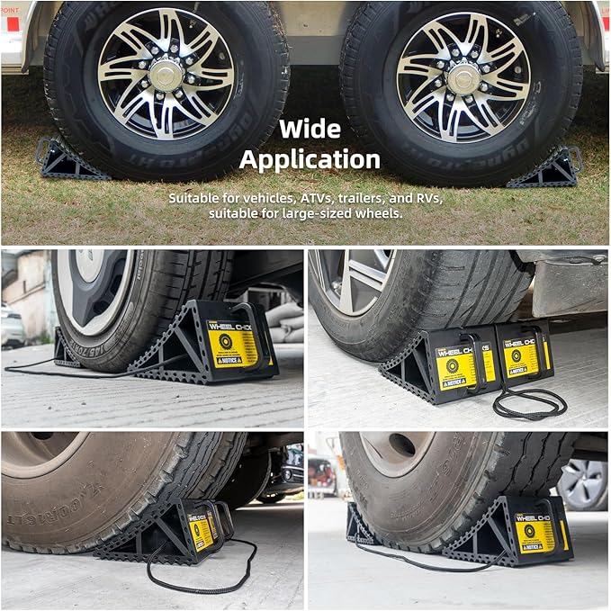 Wheel Chocks for Cars, RVs, Trucks, Trailers, and Vehicles G.V.W. up to 8T, 2 Pack with Handle and Rope - Anti Slip Bottom Tire Chock for All Weather Use - Accessory Must (Black - 2 Pack)