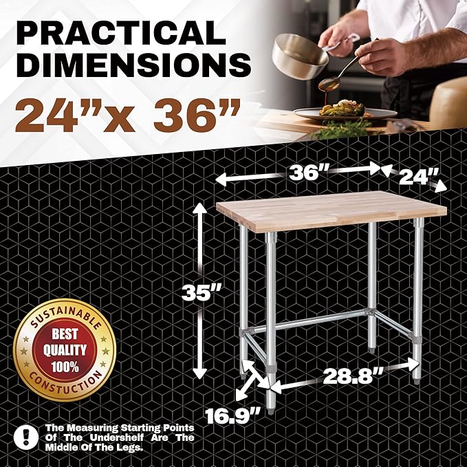 DuraSteel US Maple Top Work Table - 24 x 36 x 35 Inch Commercial Butcher Block Wooden Workbench with Open Base Stabilizing Leg Cross Braces - Fits Restaurant, Warehouse, Home, Kitchen, Garage