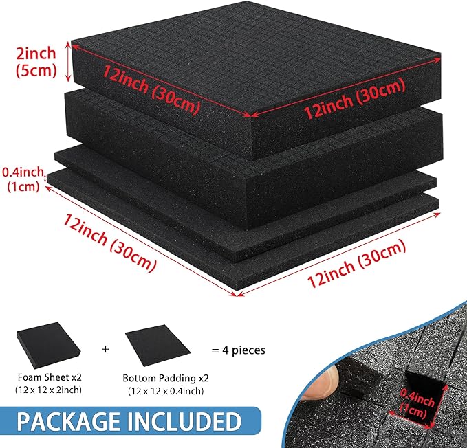 Coengwui Pick and Pluck Foam Inserts, Pre-Cubed Pick Apart Sheets for Crafts Toolbox Game Box Camera Cases Drawer Storage (2Pack 12 x 12 x 2" with 0.4" Bottom Padding)