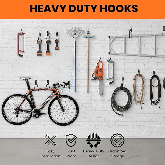 Pack 16 Garage Hooks Heavy Duty | Multi-Sized Wall-Mounted Tool Hangers with Anti-Rust PVC Coating | Heavy Duty Wall Hooks for Bikes, Ladders, Garden Tools, and More