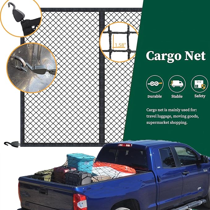 Cargo Net for Pickup Truck Bed Stretchable 4'x4' to 7'x7', Ideal for ATV, SUV, UTV, Trailer Tarp, Truck and Boat Use (Single Layer)