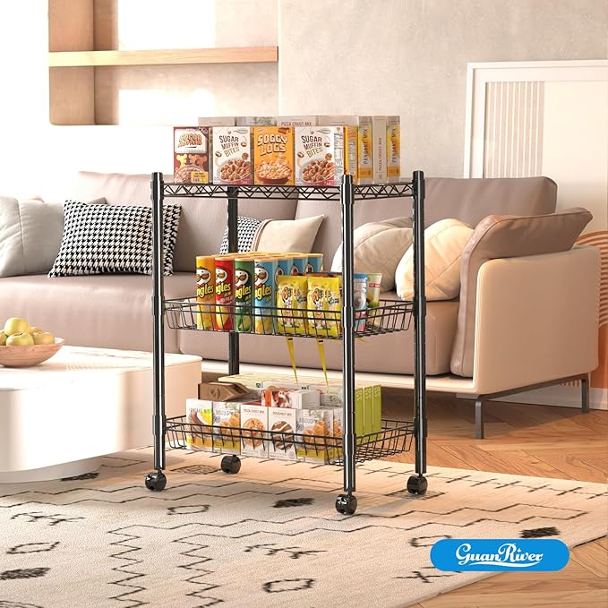 Guan River 3 Tier Rolling Cart Service Cart Wire Basket Shelf Storage Trolley Shelf 2 Bottoms for Choose(Castor or Leveling Feet) for Office,Kitchen,Black(23.23" L x 13.11" W x 32.28" H)