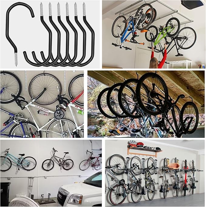 Scartink 6PCS Black Heavy Duty Bike Storage Hooks Bicycle Wall Mounted Hooks Large Screw Hooks for Wall,Ceiling