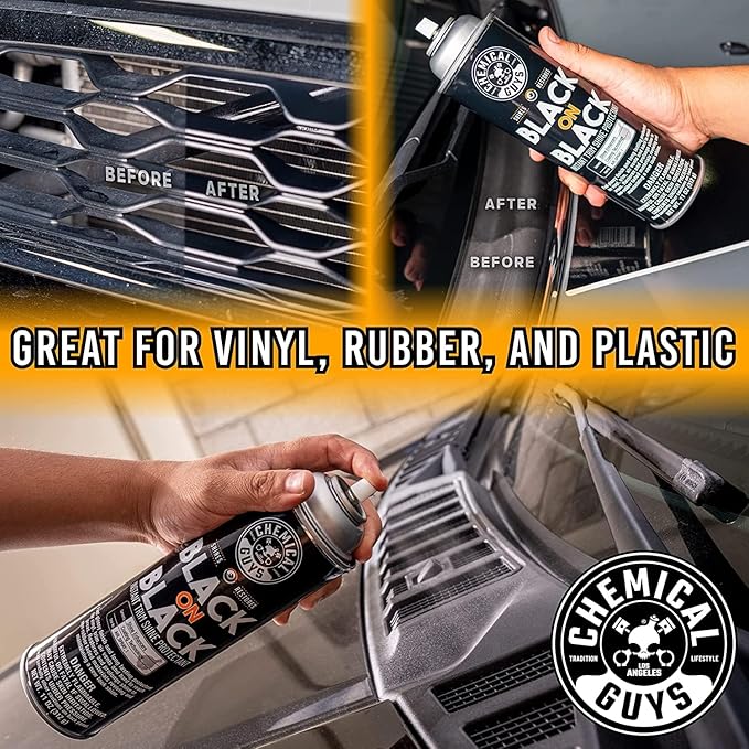 Chemical Guys Black On Black Trim Shine - 2 Pack,11 oz Each, Sprayable Dressing for Trim, Tires, Plastic & Vinyl High Gloss Finish, Dry-to-The-Touch, Easy Spray Application
