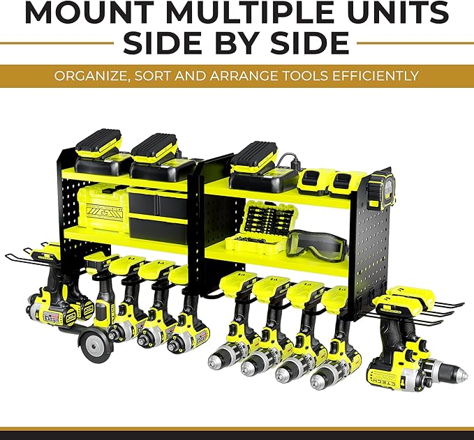 BUILTSTRONG Power Tool Organizer - 6 Drill Holder Wall Mount, 3-Tier Heavy-Duty Hand Tool Storage Rack With 2 Pegboard Sides - Green