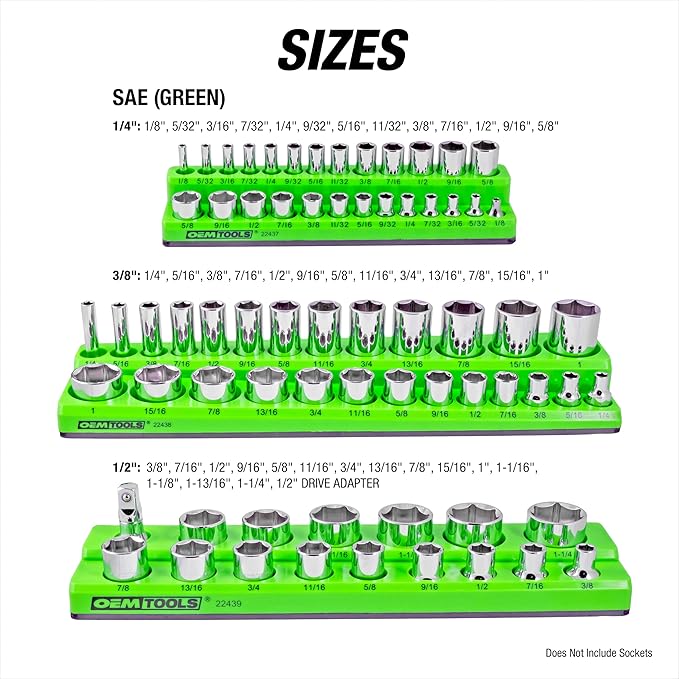 OEMTOOLS 22485 3-Pc Magnetic Socket Organizer, SAE Magnetic Socket Holder, Socket Holders for 68 Deep and Shallow Sockets, Socket Holders 1/4, 3/8, 1/2 Inch Sizes