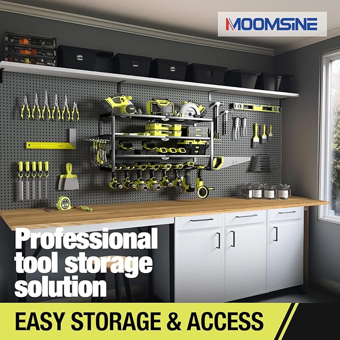 MOOMSINE 4 Layer Power Tool Organizer Wall Mount, Battery Tools Holder with Charging Station Shelf, Cordless Drill Hanger Storage Rack for Garage Organization, Workshop, Pegboard - 32 Inch 8 Slots